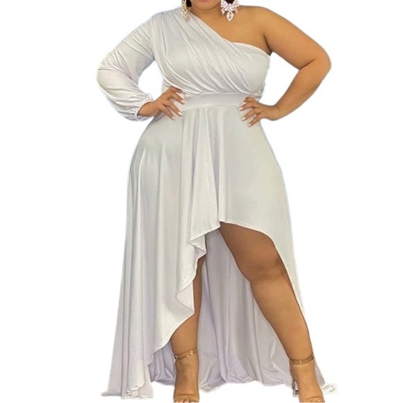 IyMoo Womens Sexy Plus Size One Shoulder Long Sleeve High Low Maxi Dress - Picture 3 of 11